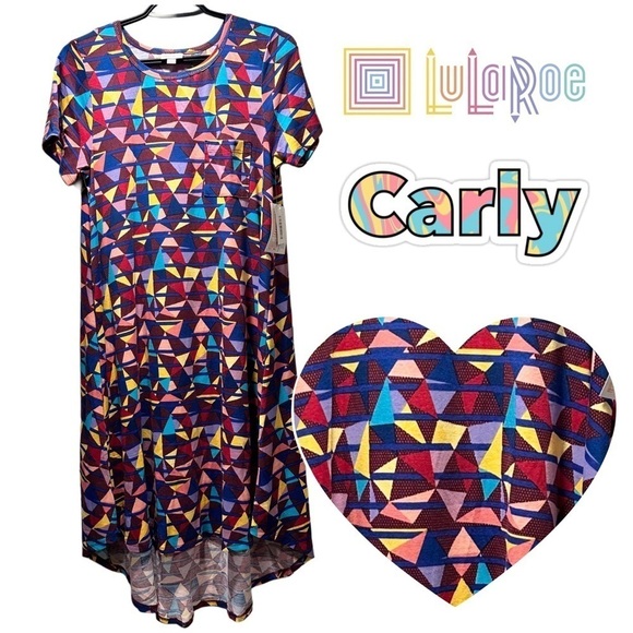 NWT LulaRoe Carly Dress Short Sleeves Pocket High Low Hem Abstract Triangles 6-8 - Picture 1 of 13